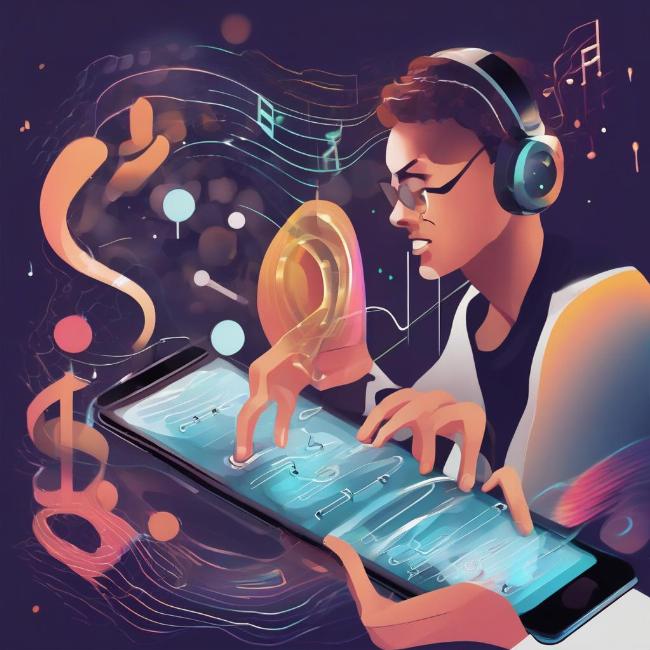 Hình ảnh minh họa một người chơi đang trải nghiệm game âm nhạc đoán tên bài hát trên điện thoại với hiệu ứng âm thanh hoặc hình ảnh tương lai